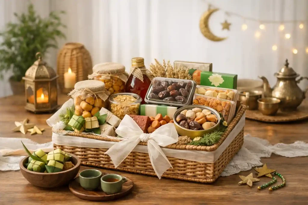 Isi parcel lebaran untuk keluarga dengan susunan rapi dan seimbang