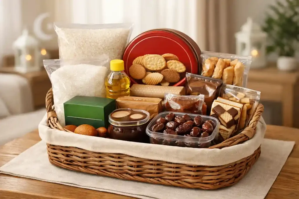 Isi parcel Lebaran untuk orang tua berupa sembako dan makanan ringan yang tertata rapi dan mudah digunakan